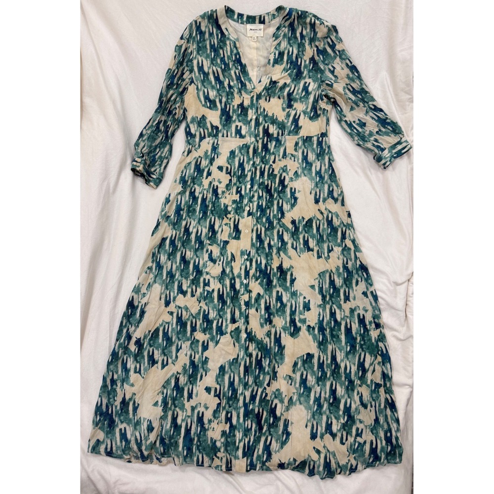 Maison 123 Paris Dress Womens 38/ size 6 Teal Abstract Ikat‎ Button Front Maxi
